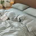 MooMee Gingham Duvet Cover Set 100% Washed Cotton Linen Like Textured Breathable Durable Soft Comfy Modern Checkered Design (Sage Green Gingham, King 104"x90")