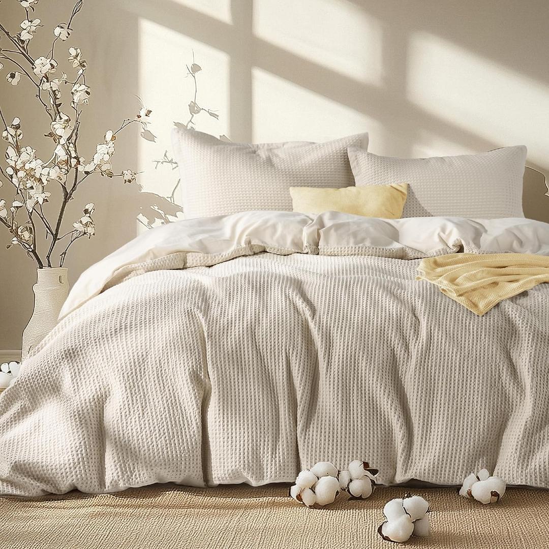Bedsure Waffle Comforter Set Queen, Beige Soft Cotton Bedding, Waffle Weave Bed Set, 3 Pieces, 1 Comforter (90"x90") and 2 Pillow Shams, Premium Cotton Cover with Polyester Fill for All Seasons 