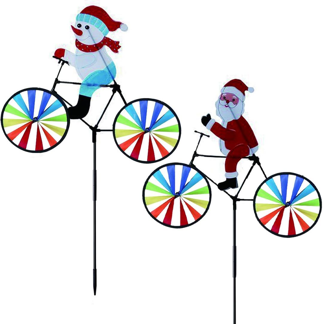 2 Pack 20 Inches Christmas Santa & Snowman Bike Spinner Decorations Pinwheels with Stakes Windmill Wind Spinners Outdoor for Yard Garden Lawn, Large Pin Wheels Christmas Accessories Gifts for Kids