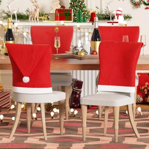 Christmas Chair Covers Set of 4, Chair Seat Covers for Dining Chairs, Cover for Chairs Dining Room Decor Christmas Decorations for Kitchen Christmas Hat Design, Non-Woven 4-Pack