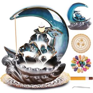 New Moon Backflow Incense Holder, Ceramic Hand-Made Incense Fountain Burner with 100 Backflow Incense ConesFragrance Incense StickMatAromatherapy Home Decoration