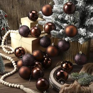 Lunmon 24 Pcs Brown Christmas Ball Ornaments 2.4 Inch Glitter Matte Shiny Chocolate Xmas Baubles Rustic Neutral Farmhouse Xmas Tree Hanging Decorations Modern Christmas Home Decor for Tree Holiday