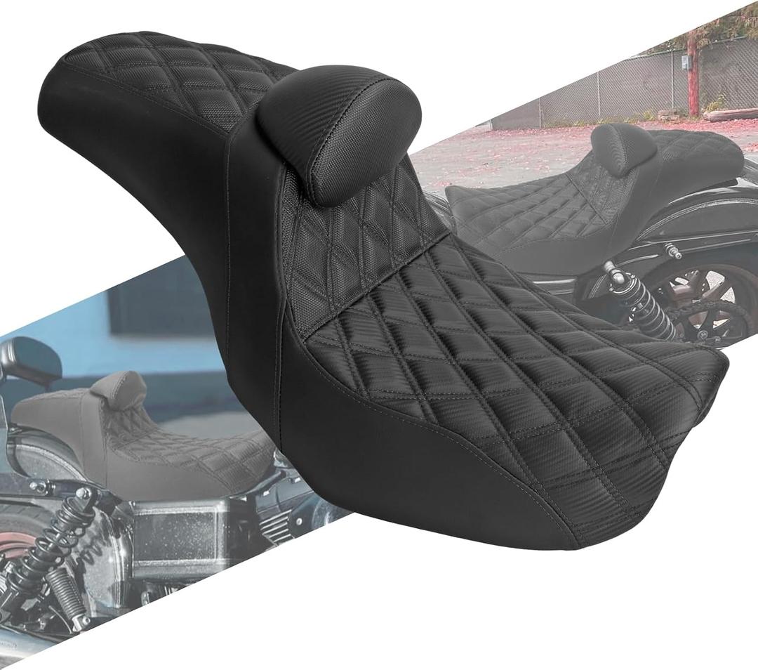 Driver Passenger Seat One-Piece Seat Cushion With Backrest Fit For Harley Dyna Fat Bob FXDF Low Rider FXDL Street Bob FXDB Switchback FLD Wide Glide FXDWG 20062017 (Black Stitching) w/ Driver Backrest, Black Stitching