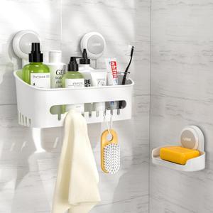 LUXEAR Shower Caddy Suction Cup 2 Pack Suction Shower Basket + Soap Dish Holder NO-Drilling Removable One Second Installation Shower Organizer Powerful Waterproof Bathroom Caddy Storage
