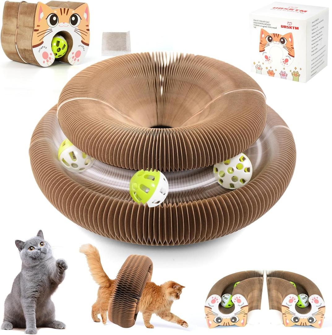 2PCS Upgraded-Magnetic Accordion Cardboard Cat Scratcher Toy with 3 Balls for Mental Physical Exercise, Multi-Shape Interactive Cardboard Cat Toy for Indoor Cats Infinite-Flip, Brown/Orange, L (L - Kittens Prefer (2 Pack))