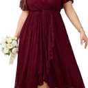 SCOMCHIC Womens Plus Size Wedding Guest Dress Formal Lace Wrap V Neck High Low Short Sleeve Cocktail Maxi Dresses XL-4XL (3X-Large Plus, Burgundy)