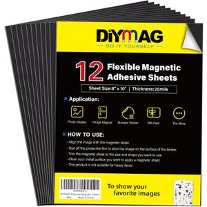DIYMAG Magnetic Adhesive Sheets Photo Mat, 8" x 10" 12 Pack Flexible Magnets with Adhesive Backing for Crafts, Photos and Pattern Storage, Easy to Peel and Stick