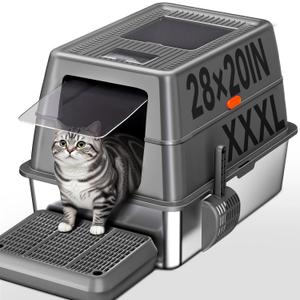 XXXL Stainless Steel Litter Box with Lid,28" L*20" W*18" H Extra Large Metal Cat Litter Box, Jumbo Enclosed Litter Box for Big Cats and Multi-Cat Households, Non-Sticky, Anti-Leakage, Easy to Clean