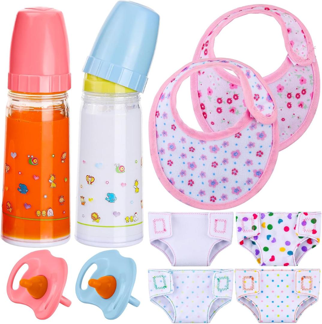 10 Pcs Baby Doll Accessories Set Pretend Feeding and Caring Play Toy Set with Magic Disappearing Milk and Juice Bottles, Pacifier, Bibs, Diapers Baby Doll Stuff for Kids Girls Birthday Party Gifts