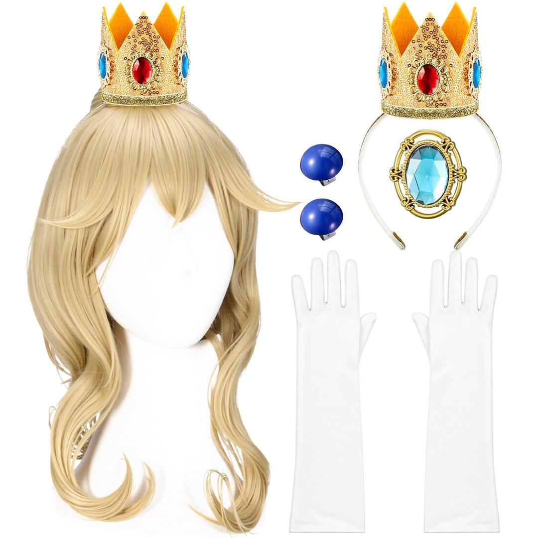 5 Pcs Princess Costume Accessories Princess Wig Crown Glove Brooch Earring Halloween Dress Up for Adult Women(Classic)