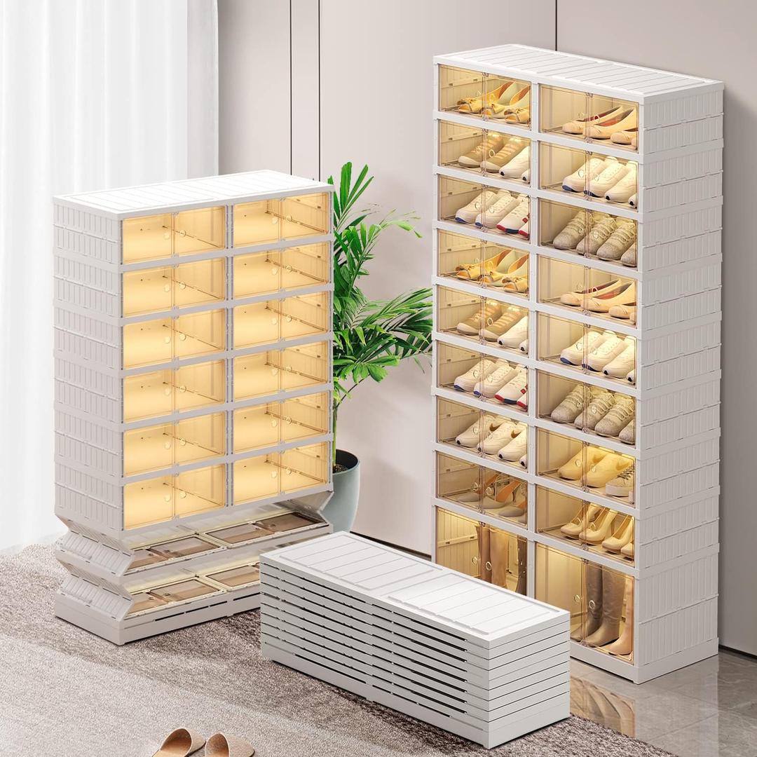 9-Tier Foldable Shoe Rack Organizer for Closet,36Pairs Collapsible Plastic Shoe Shelf,Large Shoes Cabinet with Door,Clear Stackable Storage Box Easy Assembly (White)