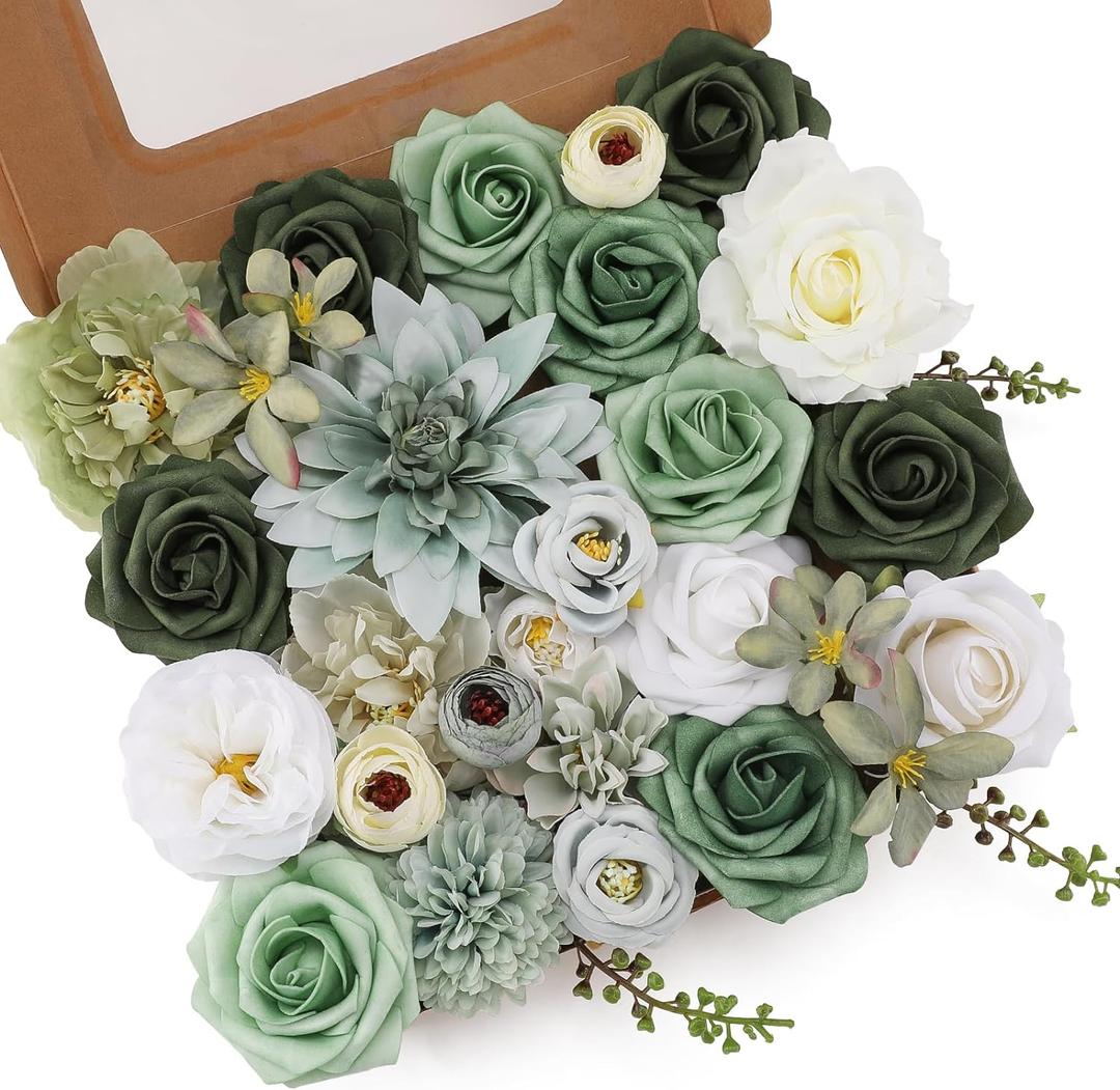 Floweroyal Artificial Flowers Combo Green Flowers Mix Silk Flowers Dahlia Roses with Stems for DIY Wedding Bridal Bouquets, Baby Shower, Floral Arrangement, Table Centerpieces, Home Decorations. (Forest Green)
