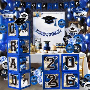 Graduation Decorations Class of 2026 - Blue Graduation Decorations - Balloons Boxes with Letters 2026 GRAD So Proud of You, Congrats Grad Party Decorations for Any Grades (Blue and Black)