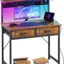 MUTUN Small Desk with Drawers, 31 Inch Computer Desk with Power Outlet & LED Light, Gaming Desk with Adjustable Monitor Stand & Pegboard, Modern PC Study Writing Table for Bedroom, Rustic Brown