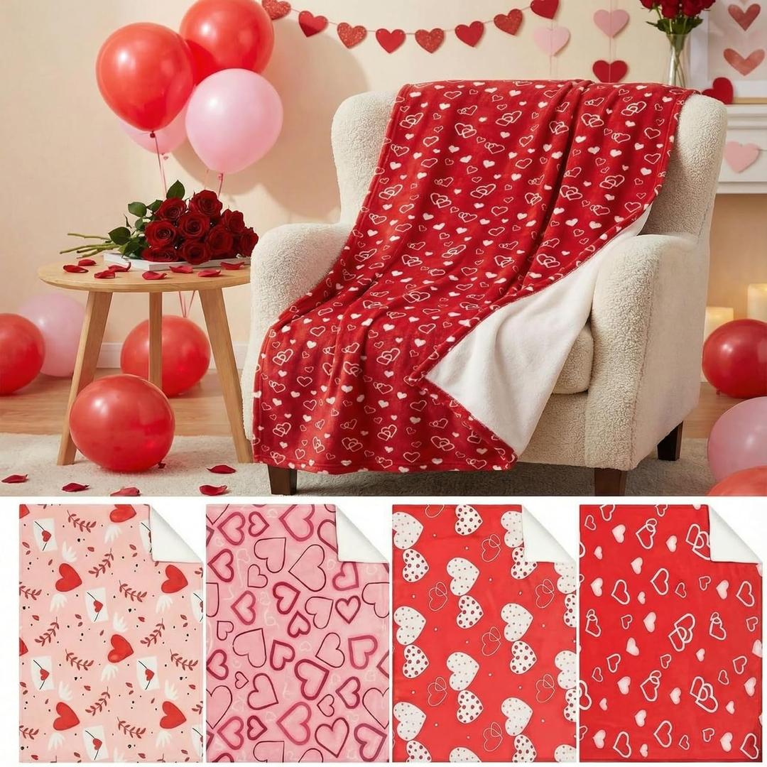 Buryeah 4 Pack Valentine's Day Throw Blankets Romantic Heart Lightweight Soft Warm Cosy Valentine's Day Love Flannel Blanket for Sofa, Bed, Couch, Home Decor(Heart,30 x 40 Inches), Red