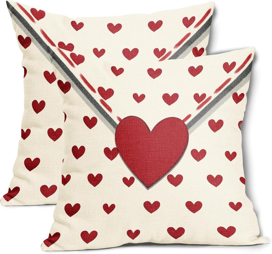Valentines Day Pillow Covers 18x18 Inch Set of 2 Red Heart Beige Envelope Cotton Linen Decorative Throw Pillow Case Holiday Print Cushion Covers for Bedroom Sofa Living Room Chair Home Decor
