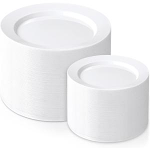 FLOWERCAT 200PCS White Plastic Plates Disposable Plates for Party - Heavy Duty Plastic Plates - 100 10" Dinner Plates and 100 7" Salad Plates for Wedding & New Year Parties and Events