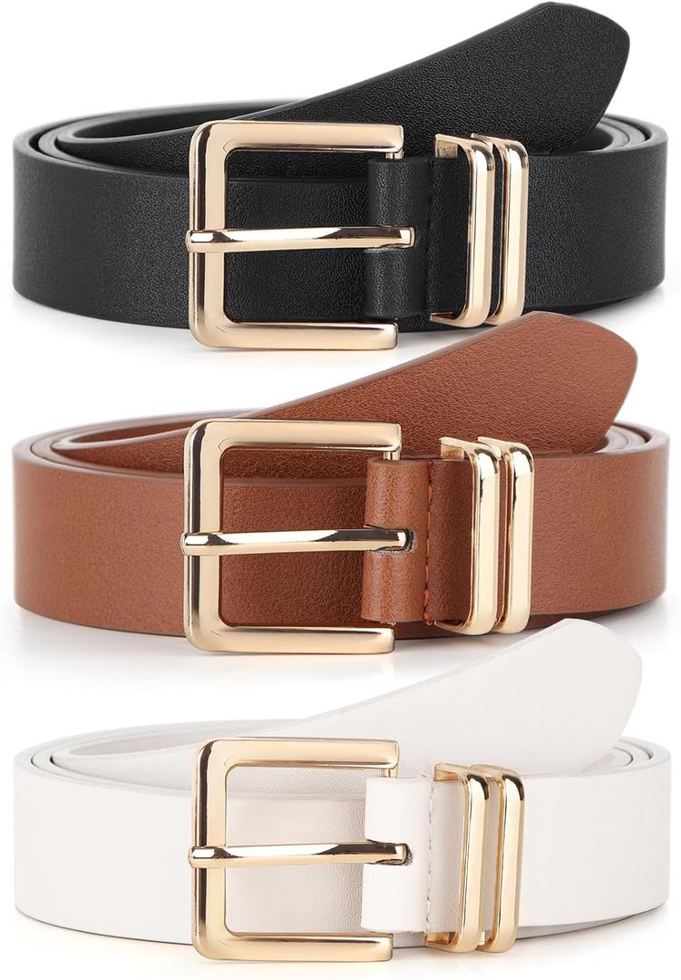 UnFader Pack 3 Women Belts for Jeans Pants, Fashion Gold Buckle Leather Belts (XL for waist size 40"-45", 1-black+brown+white)