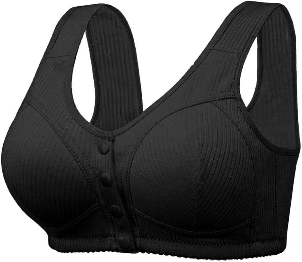 Ribbed Bras for Women Front Closure No Underwire Comfort Senior Wireless Snap Closing Bra (Black) 38D