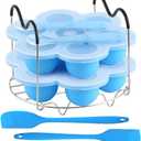 ROTTAY Silicone Egg Bites Molds and Steamer Rack Trivet with Heat Resistant Handles Fit Instant Pot Accessories, 7pcs set for 6qt 8qt Electric Pressure Cooker With 2 Spoons and Silicone Spatula, Blue 