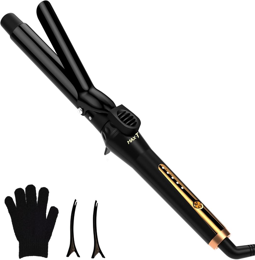 1 Inch Ceramic Tourmaline Curling Wand - Dual Voltage Hair Curler for Long-Lasting Curls & Waves with 5 Heat Settings, Heat-Resistant Glove & Clips Included