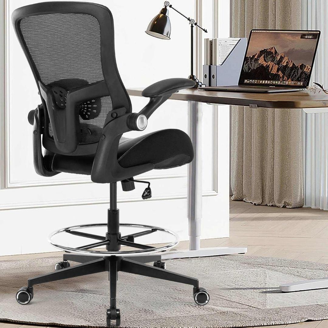 Drafting Chair, Tall Office Chair with PU Leather Seat, Standing Desk Chair Counter Height Office Chairs with 21.65'' Footrest Ring and Adjustable Lumbar Support Armrests Black
