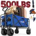 WVX Heavy Duty 500lbs Capacity Collapsible Wagon - Beach Wagon with Big All-Terrain Wheels for Sand - Beach Cart with Rebound Handle & Drink Holders - Utility Wagon Cart for Garden Camping Outdoor