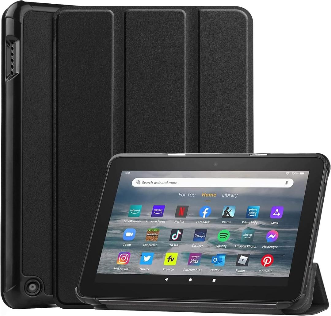 Tablet Cover for Amazon Kindle Fire 7 12th Generation (2022 Release), Ultra Slim Folio Stand Lightweight Leather Case for All-New Kindle Fire HD7 12th Gen 7" (KST-Black)