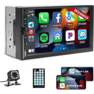 Leadfan Wireless Double Din Car Stereo with Apple Carplay, 7inch Touchscreen Double Din Radio Car Audio Receivers with Android Auto, Bluetooth, Backup Camera, SWC, FM, USB, Subwoofers