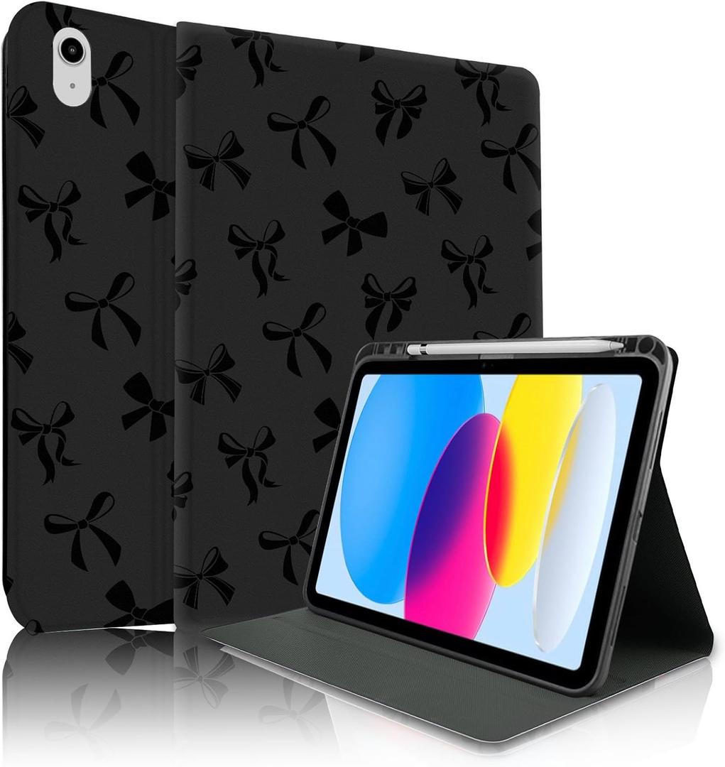 TopPerfekt Case for iPad 11th (A16) 11-inch 2025 10th Generation 10.9-inch 2022, Black Bow Cute Chic Adorable with Pencil Holder for Kids, Boys, Girls, Anti-Slip, Anti-Shock, Black Bow