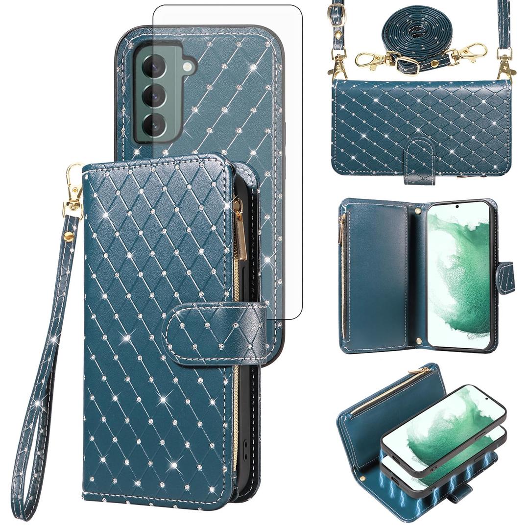 Compatible with Samsung Galaxy S22 Plus S22+ 5G Wallet Case Zipper Cell and Screen Protector Crossbody Strap Glitter Flip Card Holder Phone Cover for S22+5G S22plus 22S + S 22 22+ Women Dark Green