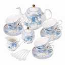 fanquare Blue Flowers Porcelain Tea Set, Tea Cup and Saucer Set Service for 6, Wedding Tea Set with Sugar Bowl Cream Pitcher, Floral Coffee Set for Tea Party