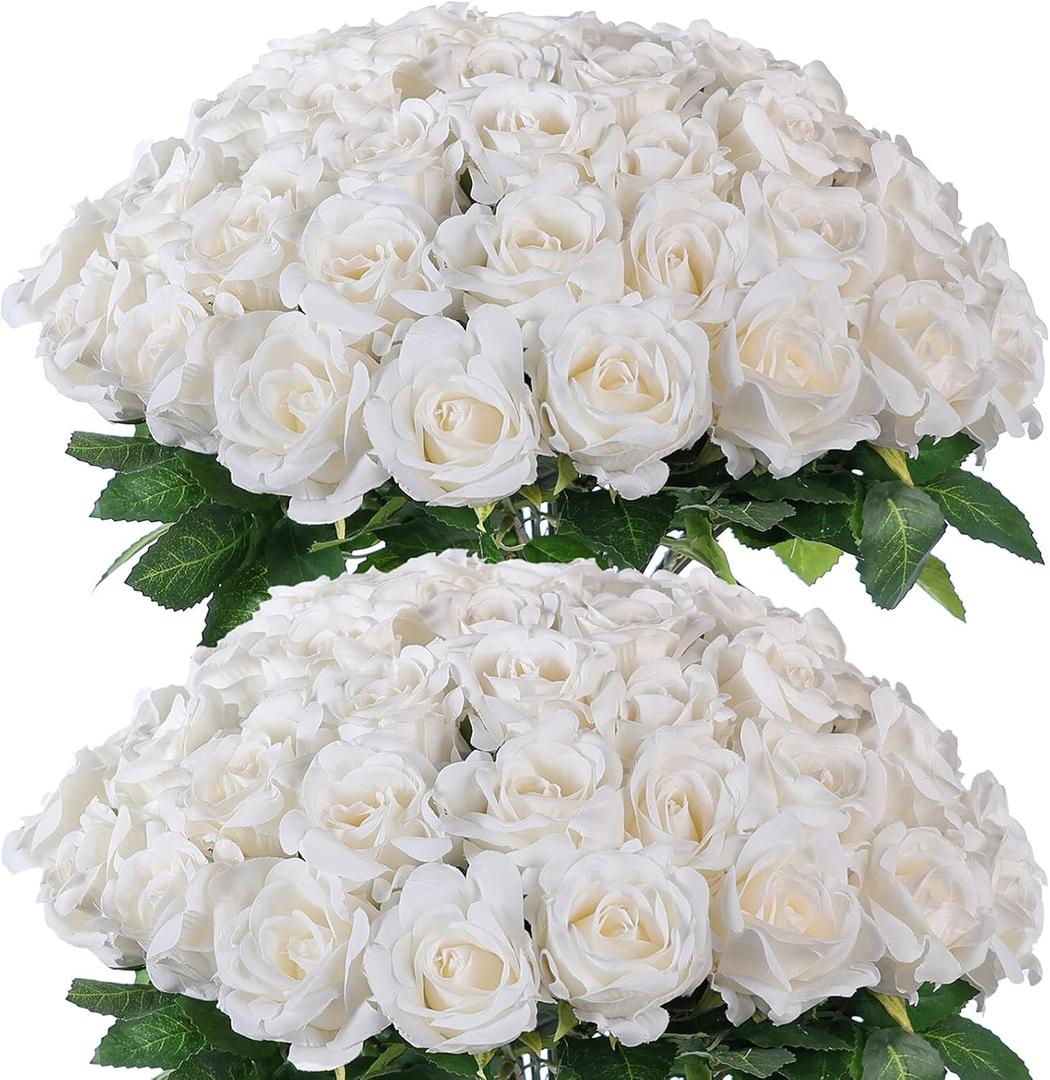 FOTEEWL 60 Pcs Artificial Rose Flower Realistic Faux Silk Roses Stem Fake Roses Bouquet for Flower Arrangement,Wedding Centerpieces,Party,Home Decorations (Beige)