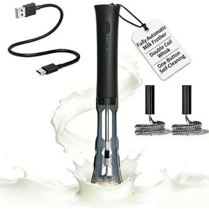 Milk Frother Handheld Rechargeable, Low Noise Electric Coffee Frother Wand with Stand, Stainless Steel Shaft, Anti-Accidental Start, 2 Double Coil Whisks, Kitchen Gifts