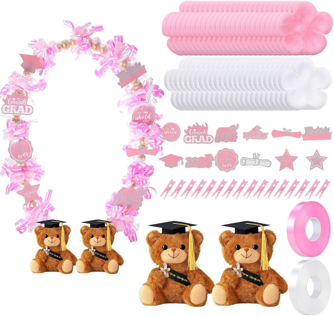 82 Pcs 2025 Graduation Candy Leis Making Kit DIY Netting Tubing Stuffed Plush Bear Ribbon Grad Glitter Card Candy Lei for Graduation Congrats Party Supplies(Light Pink, White)