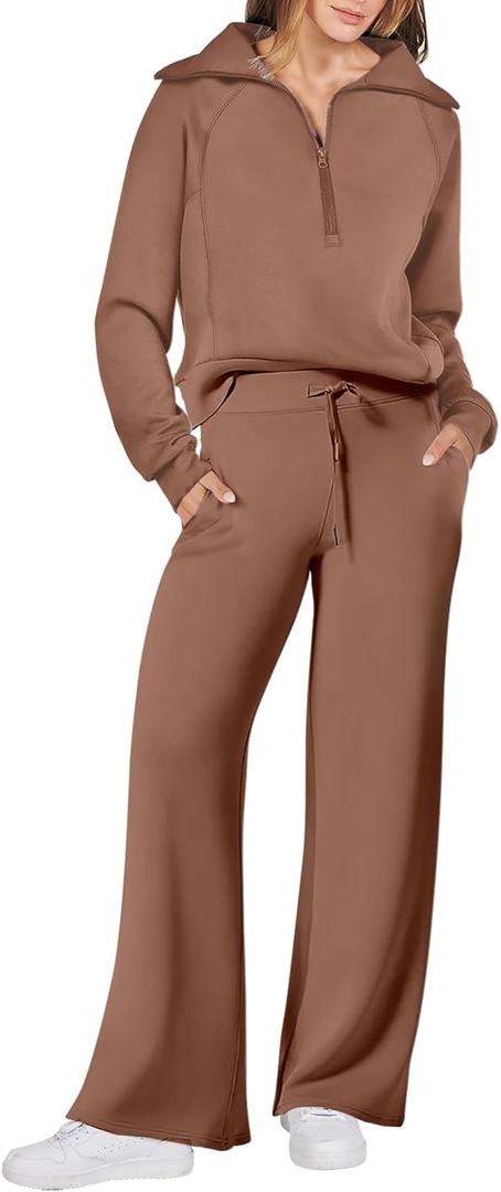 ANRABESS Women 2 Piece Outfits 2025 Fall Fashion Airport Wide Leg Pants Lounge Set Leisure Travel Vacation Clothes Sweatsuits (Small, Burnt Brown)