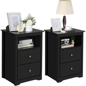 Yaheetech Nightstand Set of 2, Wooden Bedside Tables with 2 Drawer and Cubby, 2Pcs Tall Nightstand for Bedroom Small Space, Bedside Cabinet Telephone Table, 19 L  16 W  29 H, Black