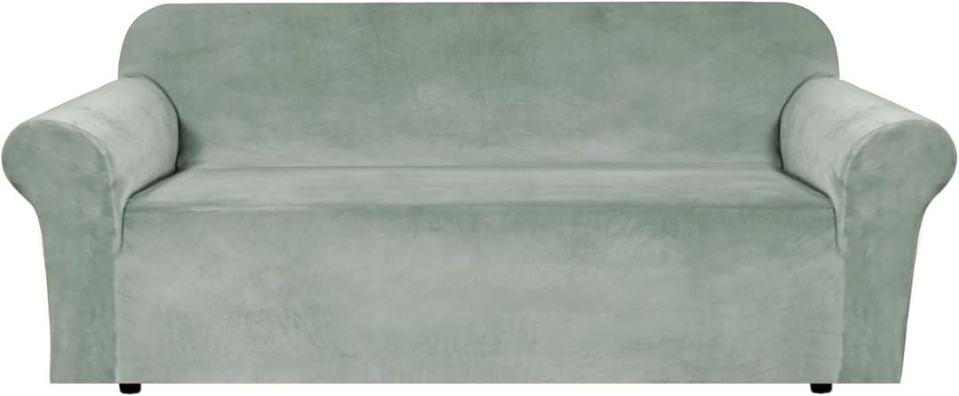 H.VERSAILTEX Stretch Velvet Sofa Covers for 3 Cushion Couch Covers Furniture Protector Soft with Non Slip Elastic Bottom, Crafted from Thick Comfy Rich Velour (Large Sofa 90"-97", Sea Grass)