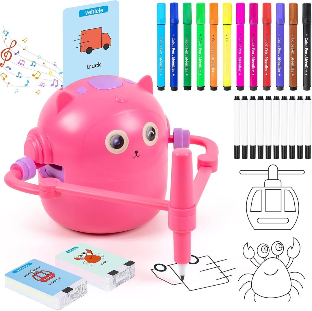 Drawing Robot for Kids, Drawing Robot for Kids 6 7 8 9 10 11 12 Year Old, Doodle Bot Toy with 100 Word Cards & 16 Color Pens for Girls and Boys (Pink)