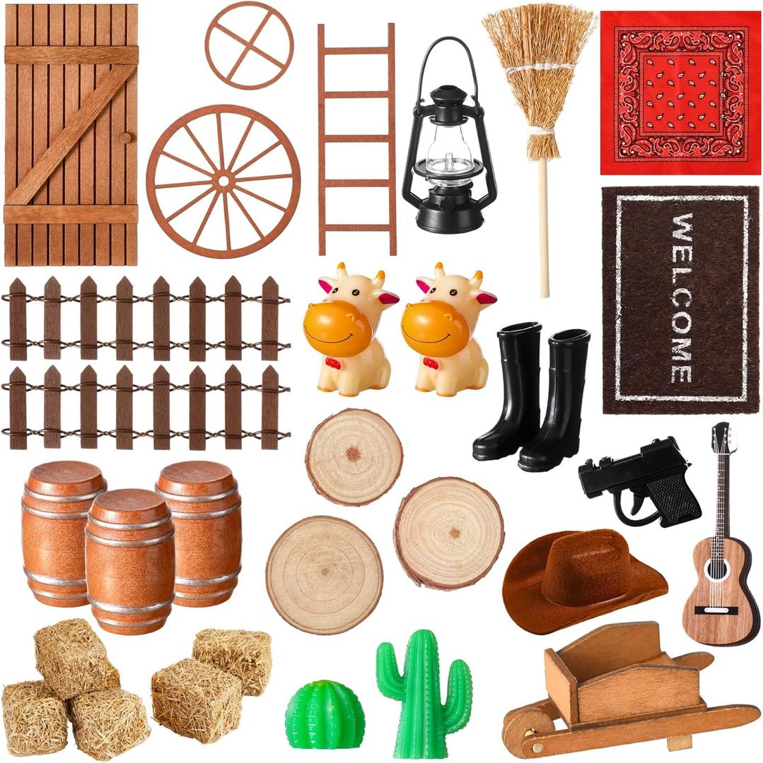 Cinnvoice 35 Pcs Cowboy Doors House Kits Miniature Western Figures Dollhouse Accessories Set Birthday Party DIY Craft for Boys Girls Garden Wall Table Indoor Outdoor Decor Christmas Party Gift
