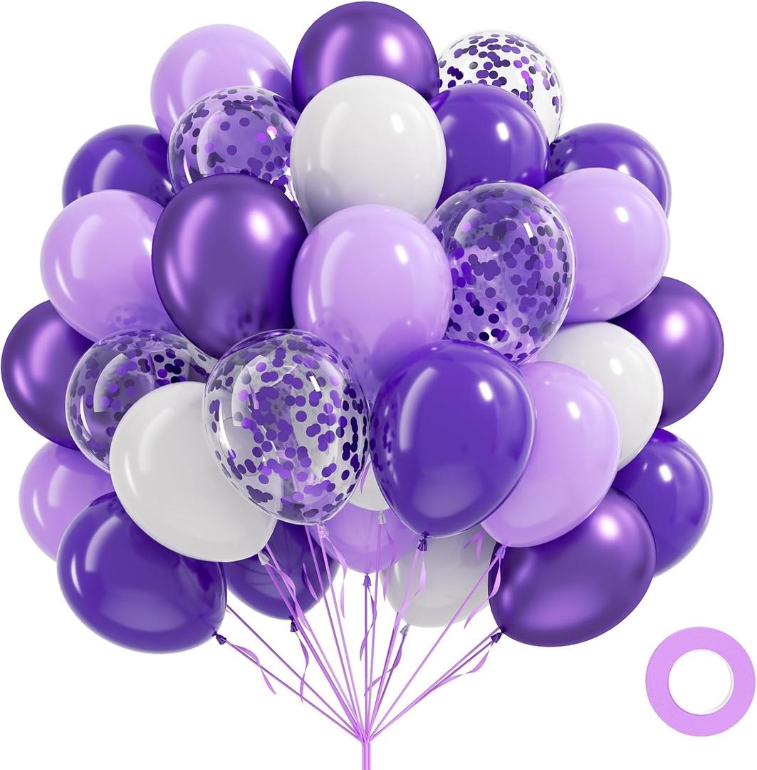 60pcs Purple Balloons 12inch, White Dark Pastel Metallic Purple Confetti Balloons for Baby Shower Birthday Party Decorations
