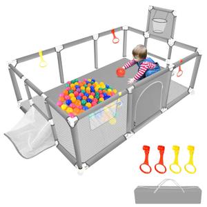 74"50" Large Playpen for Babies and Toddlers, Kids Playyard with Basketball Hoop & Football Nets, Comes with a Storage Carry Bag, Pull Up Rings, Sturdy Safety Play Pen w/Soft Breathable Mesh (Grey)
