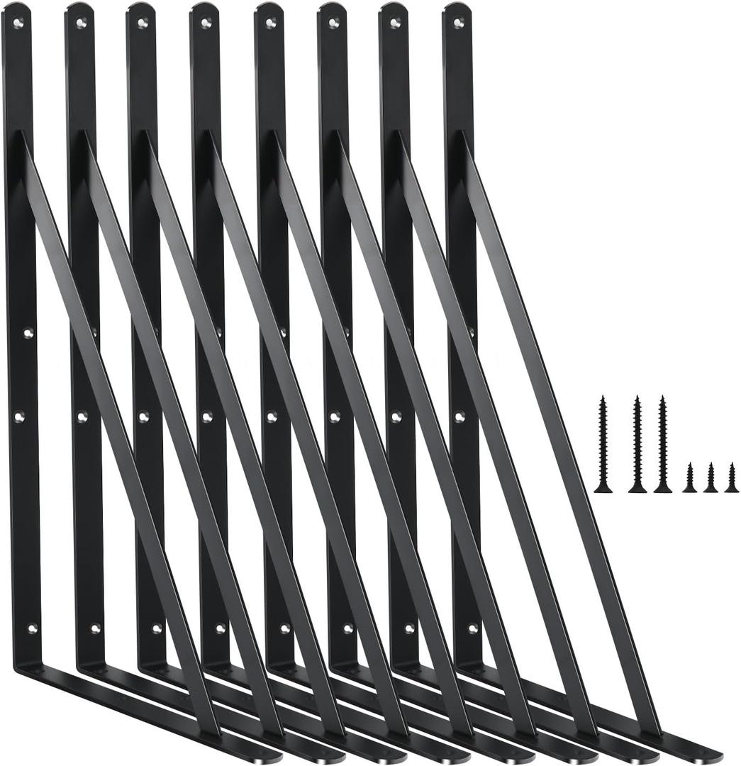 8 Pack L14 x H 10" Black Heavy Duty Shelf Brackets with Screws Metal Shelf Brackets Shelf Support Angle Brackets for Shelves L Brackets Heavy Duty Floating Shelf