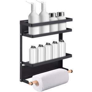 Paper Towel Holder with Shelf, Magnetic Shelf Bracket Rack, Heavy Duty Rustic Paper Towel Holder with 2 Removable Hooks, Metal Tissue Holder for Tool Shed, Garage, Kitchen