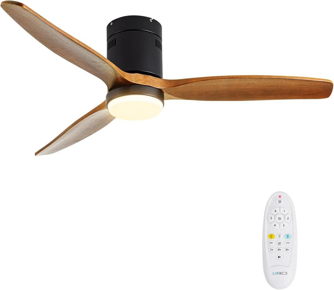 52 Inch Ceiling Fan with Light, Remote Control, Reversible DC Motor, 3CCT, Stepless Dimmable, Noiseless, Flush Mount, Walnut Solid Wood for Indoor Use (Brown)