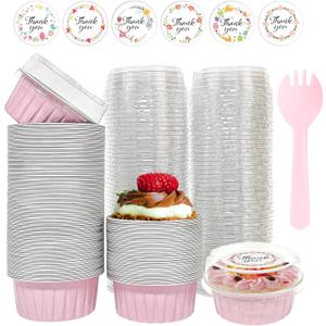 100 PCS Aluminium Foil Baking Cups, Mini Cake Pans with Lids and 100 PCS Spoons, 5 oz Disposable Baking Cups Foil Ramekins For Party Birthday Wedding Valentines (Pink)