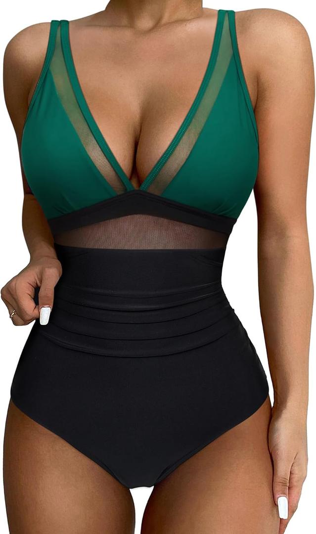 SUUKSESS Women Sexy Mesh Tummy Control Swimsuit Push Up High Waisted Bathing Suit (10 Green Black, XL) SUUKSESS Women Sexy Mesh Tummy Control Swimsuit Push Up High Waisted Bathing Suit (10 Green Black, XL)