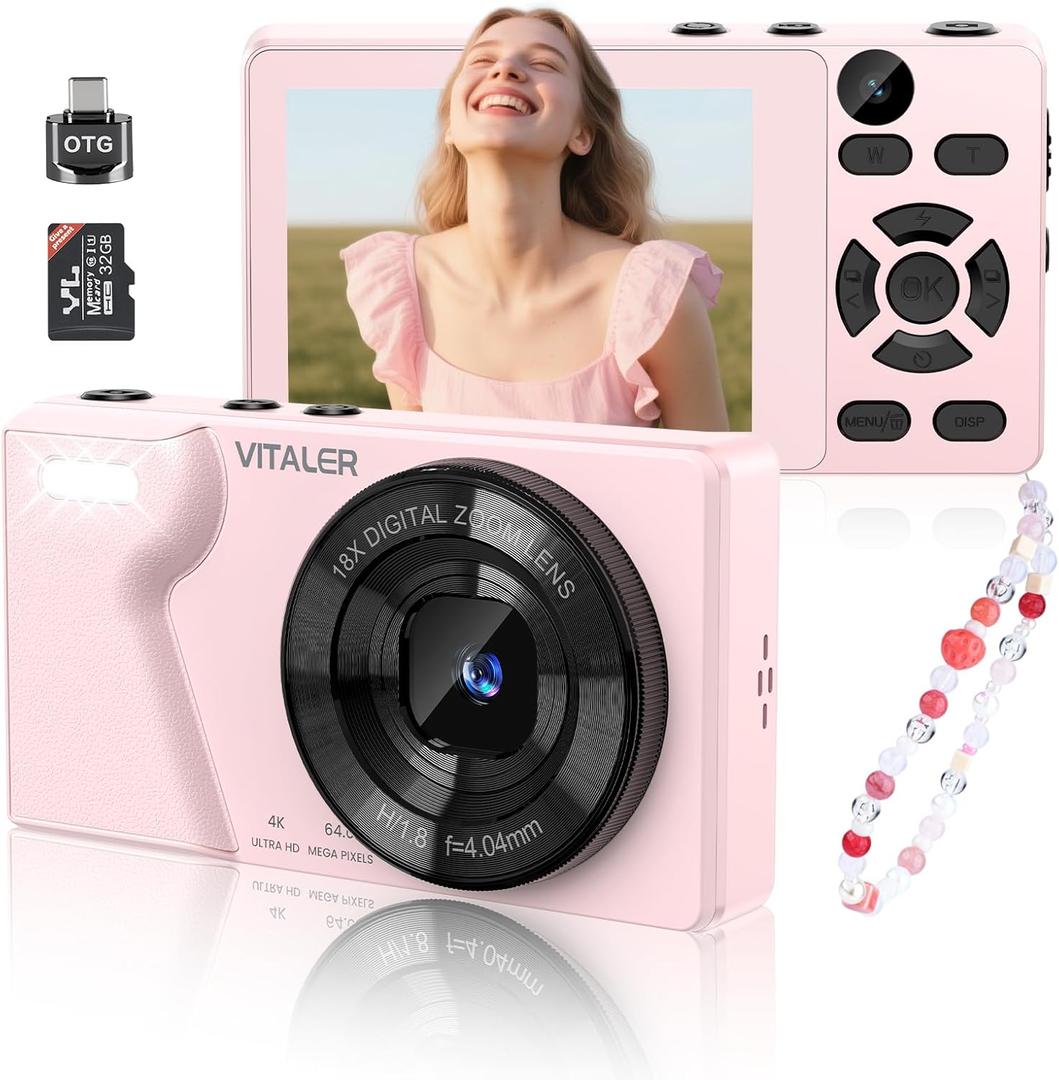 Digital Camera with Front Rear Lens, Autofocus 64MP 4K Camera for Photography with 32GB Card, Portable Compact Point and Shoot Camera for Teens Adult Beginner with Metal Shell, 2000mAh Battery (Pink)