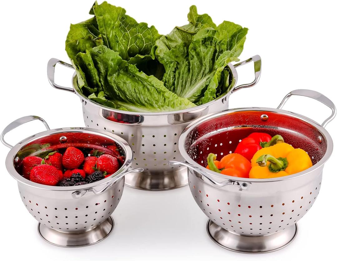 OVENTE Premium Stainless Steel Colander Set of 2  with Comfortable Large Handles, 1.5, 3, 5 Quarts Essential Kitchen Strainer for Draining Spaghetti Pasta, Rinsing Vegetables or Fruits, Silver C46263S