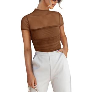 REORIA Women's Sexy Mock Turtle Neck Short Sleeve Shirts Sheer Mesh Ruched Trendy Going Out Bodysuits Tops (XX-Large, Coffee)
